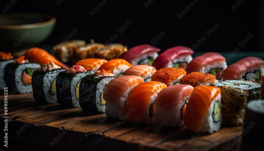 Freshness and cultures rolled up on a plate of maki sushi generated by AI Freshness and cultures rolled up on a plate of maki sushi generated by AI