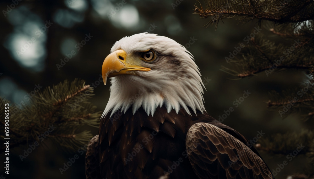 Obraz premium Majestic bald eagle perching on branch, nature symbol of freedom generated by AI