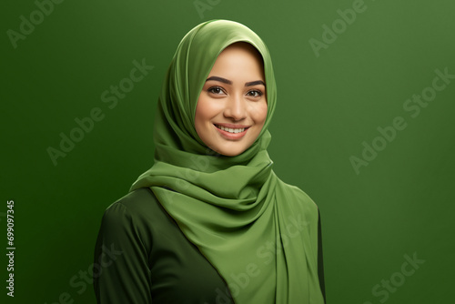 Beautiful pensive Asian girl wearing hijab smiling at empty space, isolated on green background photo