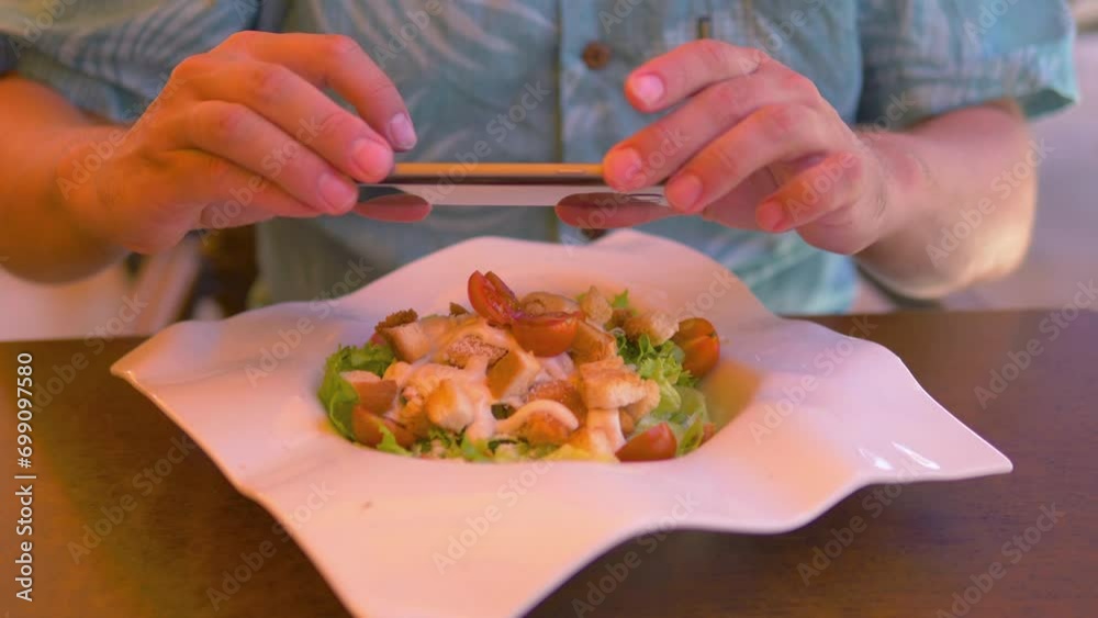 Man taking picture of her lunch at the reastaurant in 4k slow motion 60fps Man taking picture of her lunch at the reastaurant in 4k slow motion 60fps