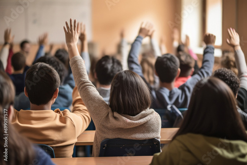 school student raising their hands at classroom photo