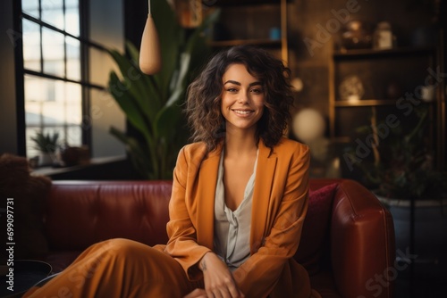 portrait, business, businesswoman, office, opportunity, co-worker, working space, leadership, smile, elegance. portrait image is close up businesswoman at working space. behind have office asset.