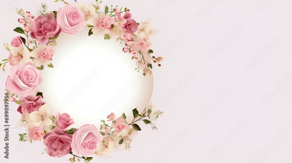 	
A wreath of delicate pink and white flowers on a light background. Round text frame.	
