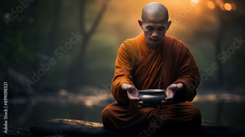 Monk's meditation, forest prayer. Zen, peace of mind.