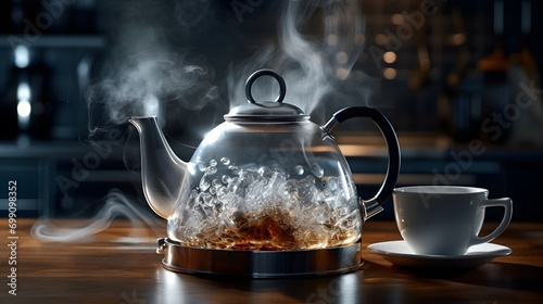 tea kettle with boiling water photo