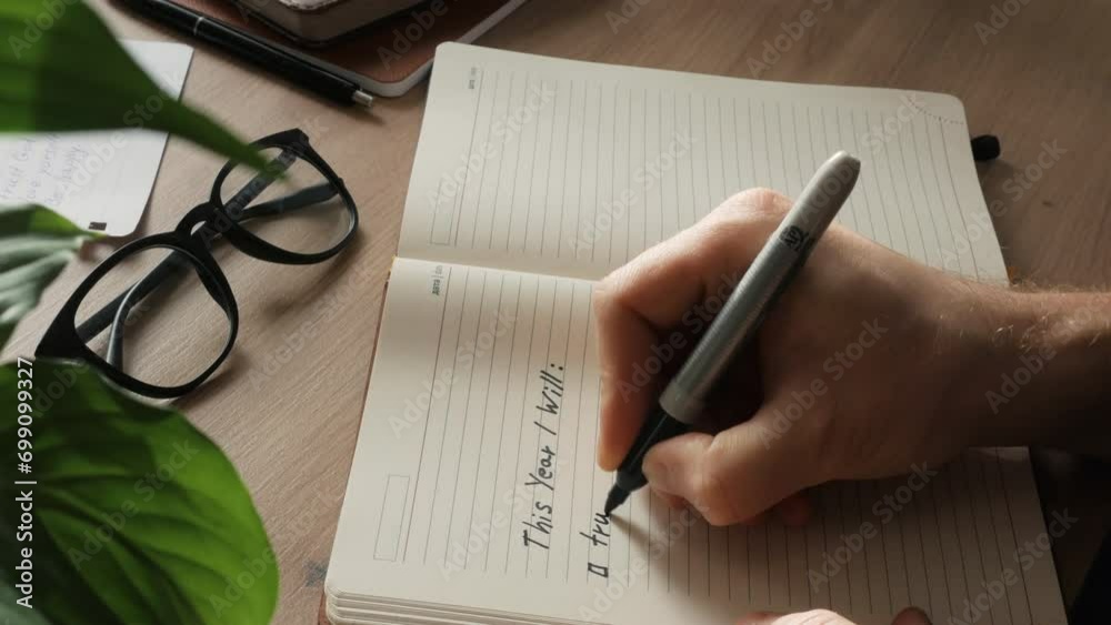A hand writes a plan for the next year in a notebook. close up The concept of planning, motivation and setting goals for the next year. This year I will