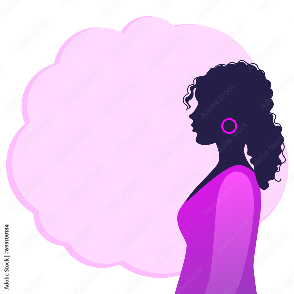 Profile of woman silhouette with earring and empty space for text. For banner, website, social media post, brochure. Feminism, social problems, holiday, volunteer, charity, organization, foundation Profile of woman silhouette with earring and empty space for text. For banner, website, social media post, brochure. Feminism, social problems, holiday, volunteer, charity, organization, foundation