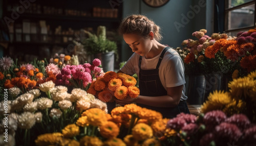 Florist owner smiling, holding bouquet, selling fresh flower arrangement indoors generated by AI