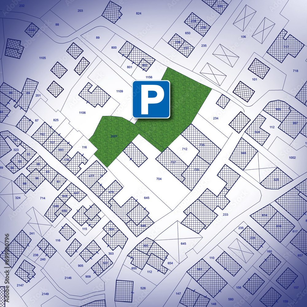 Fototapeta premium Imaginary city map with buildings, roads and central parking zone in a residential district - concept image