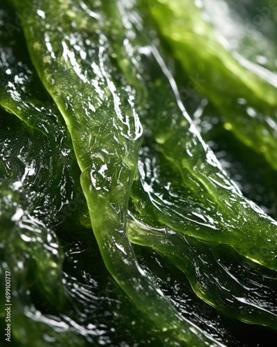 A macro shot showcases the minute details of a single seaweed snack, highlighting its intricate texture, with subtle s running through its delicate surface, adding a touch of elegance to