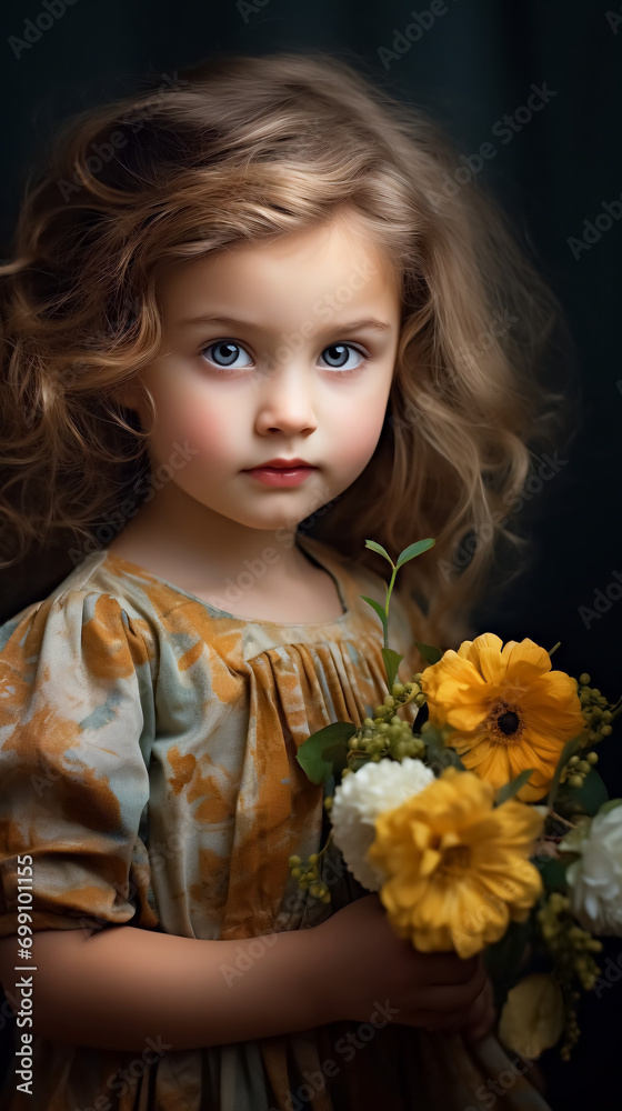 Naklejka premium Portrait of a small beautiful blonde girl with wavy hair with flowers in her hands.