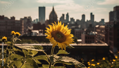 Sunflower blossom in meadow, city skyline, nature beauty at sunset generated by AI