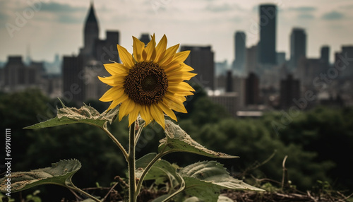 Yellow sunflower in a meadow, beauty in nature, urban skyline generated by AI