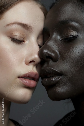 AI-generated illustration of two beautiful women of different ethnicities sharing an intimate moment