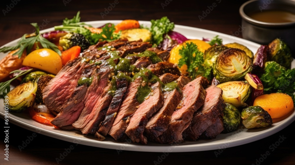 A beautifully presented plate showcases thick slices of brisket nestled amidst a medley of roasted vegetables. The meats marbled texture and succulent juices provide a pleasing contrast