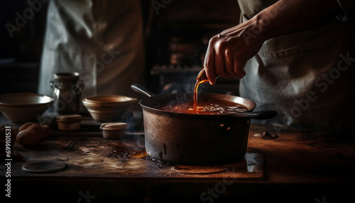 Rustic homemade meal preparation using natural flame and cast iron pan generated by AI