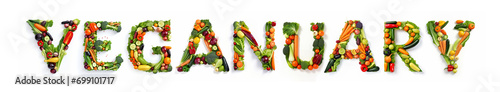 Vegan Diet Month in January is Veganuary. Vegetarian concept of vegetables  fruits and greens  top view  banner.