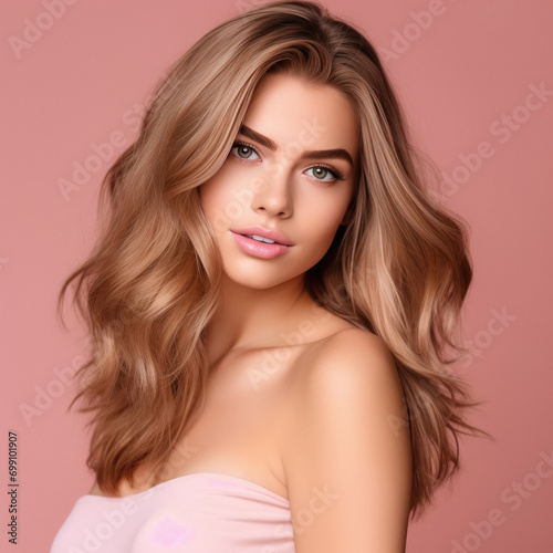 young and beautiful woman on pink background.