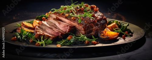 A visually stunning photograph of a bonein lamb shoulder, slowroasted to perfection, unveiling its tender, succulent meat falling apart in succulent shreds, with hints of aromatic es adding photo