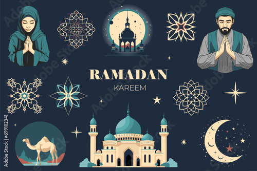Vector islamic ramadan design. Set of ramadan elements.  Arabic elements for Greetings. Prayer, mosque, camel