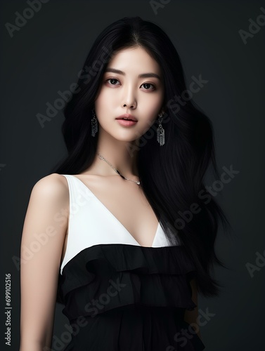 portrait of beautiful Asian woman with long black hair on isolated black background, AI Generative