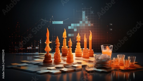 chess, king, strategy, battle, competition, game, piece, pawn, success, board. orange chess piece standing against full set of chess pieces around white team. strategy, planning, and decision concept.