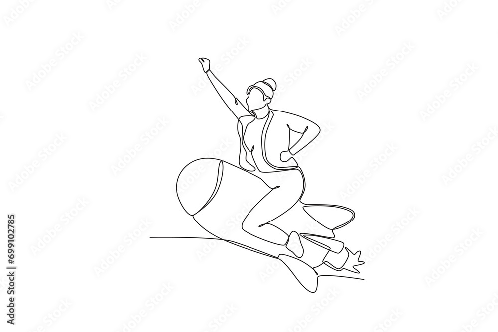 Single continuous line drawing of Female employee riding a rocket, productivity boosting concept. Concept of productivity boosting. Dynamic one line draw graphic design vector illustration
Single continuous line drawing of Female employee riding a rocket, productivity boosting concept. Concept of productivity boosting. Dynamic one line draw graphic design vector illustration