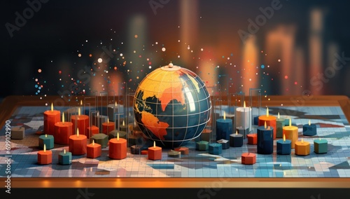 earth, globe, planet, candle, country, model, candlelight, desk, environment, global. vintage globe model put on stand middle it around candle, global Interconnectedness image generated via AI.
