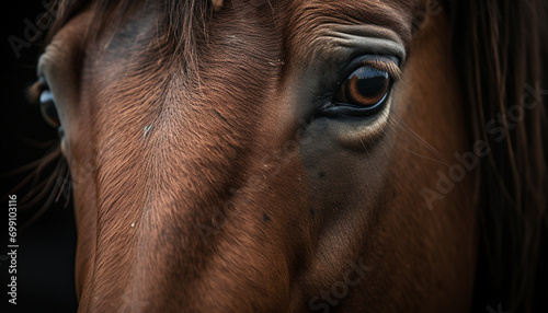 Close up of a beautiful horse grazing in a rural meadow generated by AI