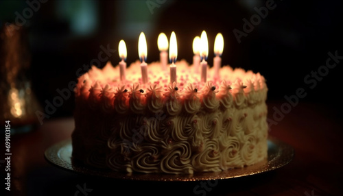 Birthday celebration with a chocolate birthday cake and burning candles generated by AI