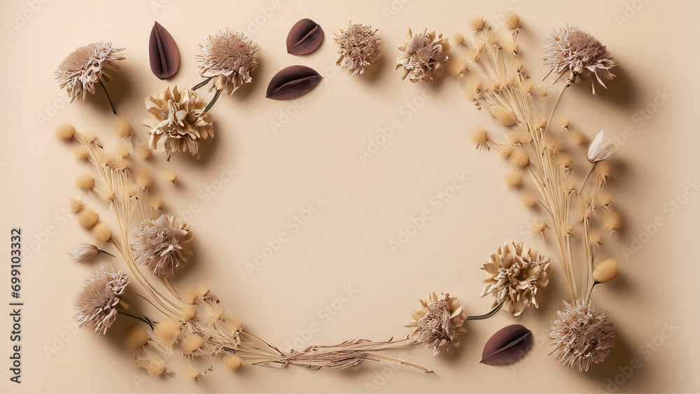 Moldura de flores e folhas desidratadas com fundo bege com espaço para escrever. Moldura de flores e folhas desidratadas com fundo bege com espaço para escrever.