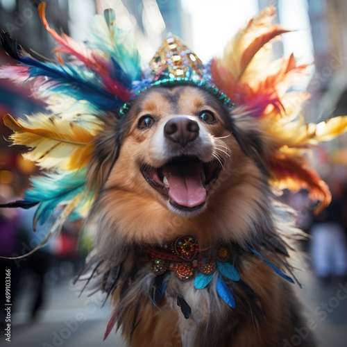 Cheerful happy purebred dog with tongue sticking out, sitting in feather accessories attending traditional local carnival, festival. Blurred crowned street