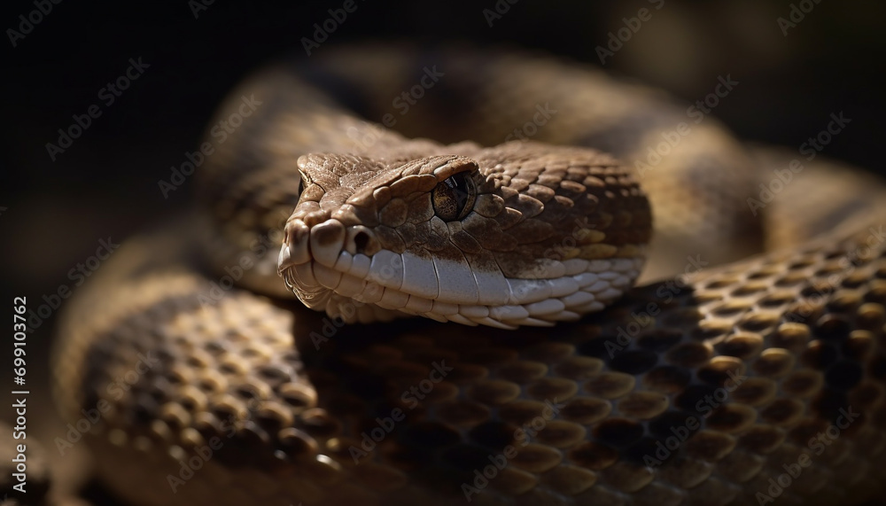 Poisonous viper, close up focus on snake dangerous, venomous fang generated by AI Poisonous viper, close up focus on snake dangerous, venomous fang generated by AI