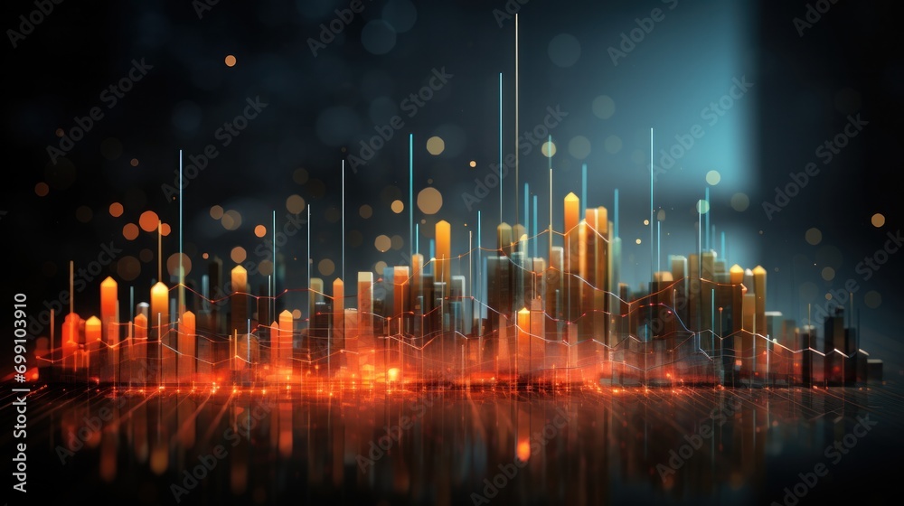 finance, graph, investment, chart, background, economy, financial, growth, money, stock. foreground has financial trends solid and bar chart, orange and blue line graphs in city visualizing pulsing.