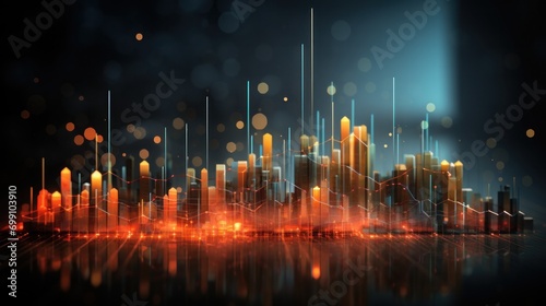 finance, graph, investment, chart, background, economy, financial, growth, money, stock. foreground has financial trends solid and bar chart, orange and blue line graphs in city visualizing pulsing.