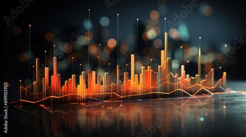 finance, graph, investment, chart, background, economy, financial, growth, money, stock. foreground has financial trends solid and bar chart, orange and blue line graphs in city visualizing pulsing.