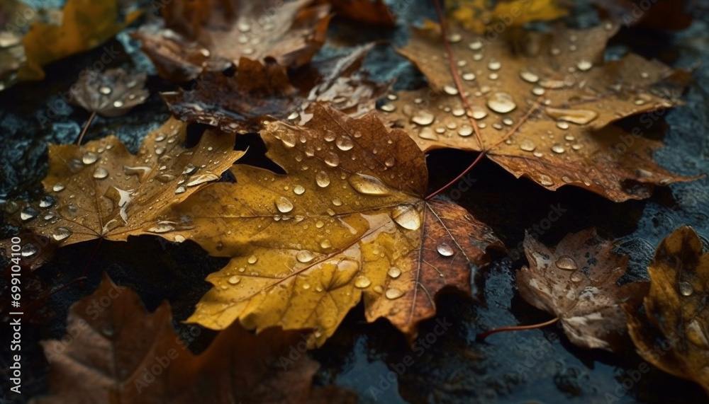 Vibrant autumn foliage reflects in dark pond, nature decoration generated by AI Vibrant autumn foliage reflects in dark pond, nature decoration generated by AI
