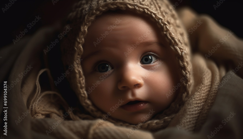 Cute baby boy portrait, close up of innocent face smiling happily generated by AI Cute baby boy portrait, close up of innocent face smiling happily generated by AI