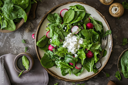 Topview Image Showcases Fresh Green Vegetable Salad With Spinach, Cottage Cheese, Radish, And Yogurt, Appealing To Those With Penchant For Healthy Eating