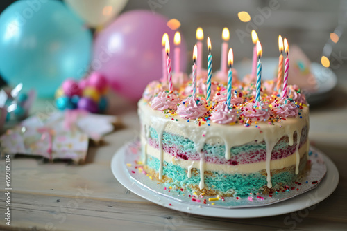 Colorful Birthday Cake With Candles And Party Decorations