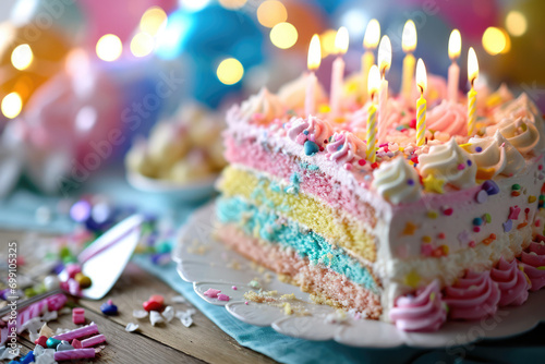 Vibrant Birthday Cake With Candles And Party Decorations In Sharp Focus