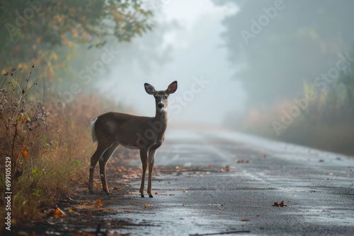 Deer Posing As Road Hazard In Misty Morning