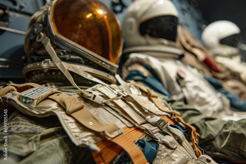 Detailed Images Of Safety Equipment, Such As Helmets, Gloves, And Harnesses In The Spacecraft Safety Gear
