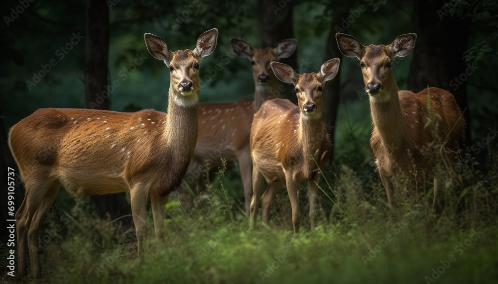 Obraz premium Young doe grazing in green meadow, surrounded by nature beauty generated by AI