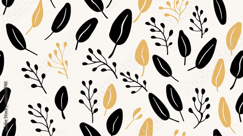 Vector Abstract Seamless Pattern: Black and Gold Leaves and Foliage