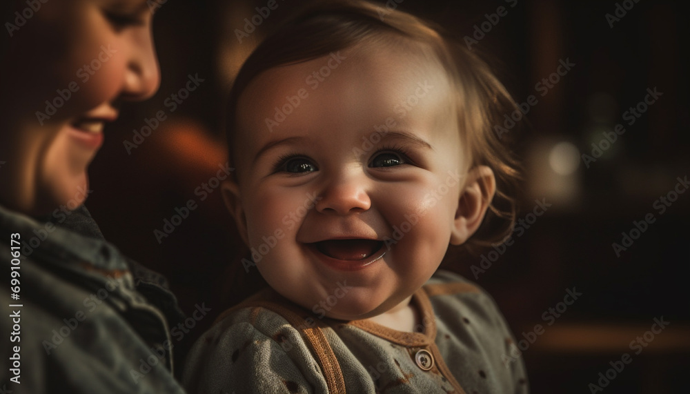 Smiling child brings happiness to cute, cheerful Caucasian family portrait generated by AI