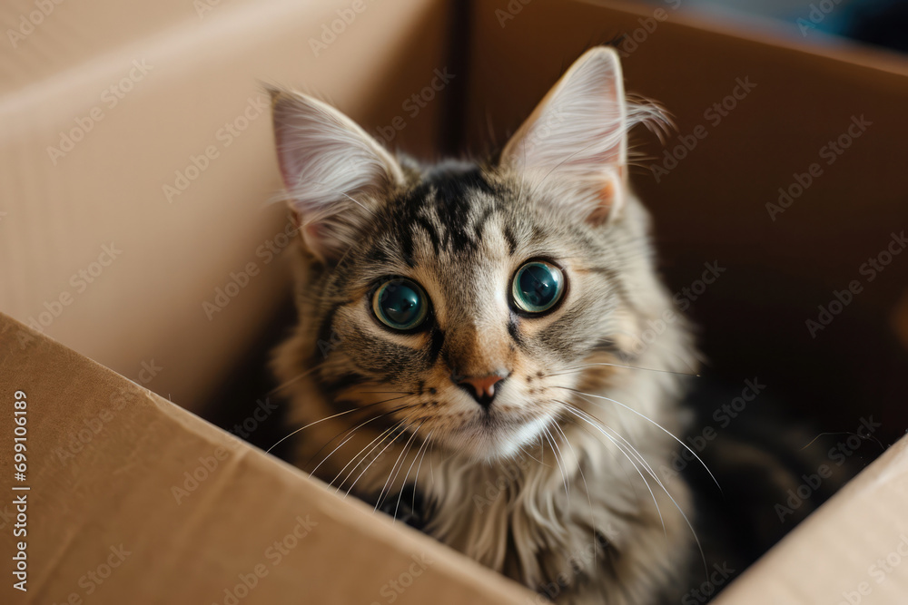 Moving To New Home, Cat In Cardboard Box Moving To New Home, Cat In Cardboard Box