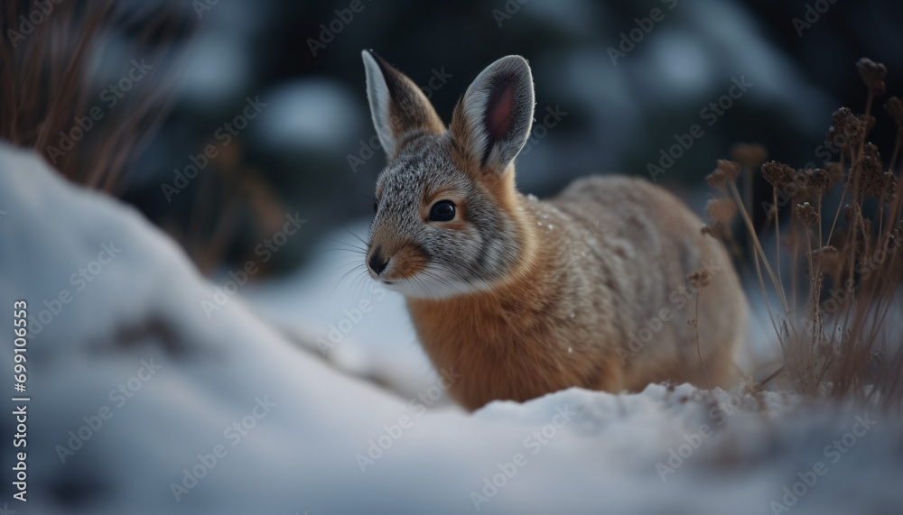 Fototapeta premium Fluffy hare sitting in snow, looking at camera with tranquility generated by AI