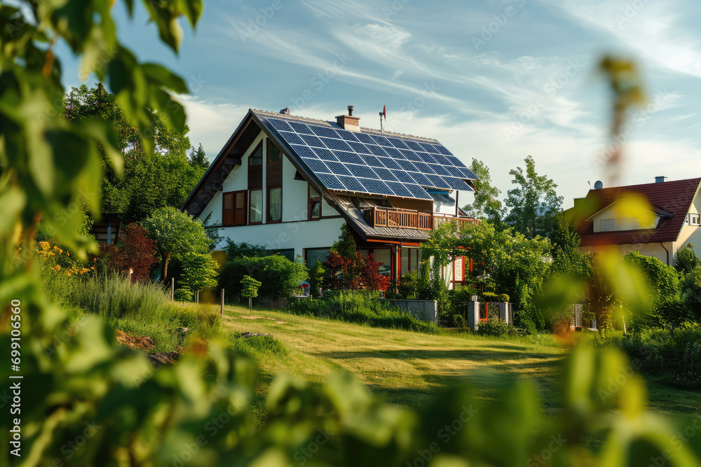 Eco-Friendly Suburban Home Featuring Solar Panel System In Focus Eco-Friendly Suburban Home Featuring Solar Panel System In Focus