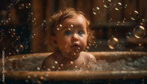 Cute Caucasian baby boy enjoys playful bath time with bubbles generated by AI